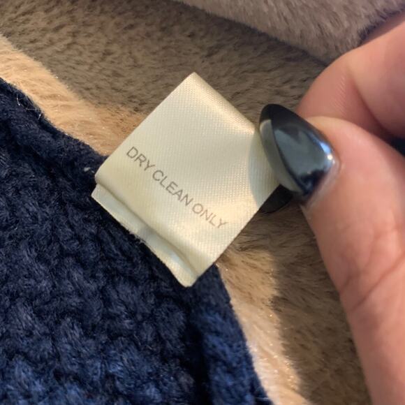 Lovestitch Cardigan Womens Small Navy Tan Faux Shearling Wide Shawl Open Front - Picture 11 of 13